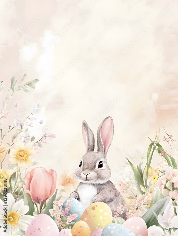 Whimsical watercolor painting of a soft pastel bunny sitting among blooming flowers and colorful Easter eggs, evoking the charm of spring and festive joy.
Whimsical watercolor painting of a soft pastel bunny sitting among blooming flowers and colorful Easter eggs, evoking the charm of spring and festive joy.