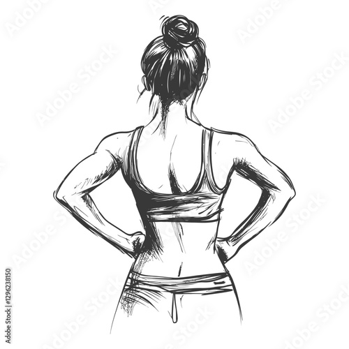 Hand Drawn Sketch Of A Woman With A Bun In A Sports Bra And Pants Viewed From Behind