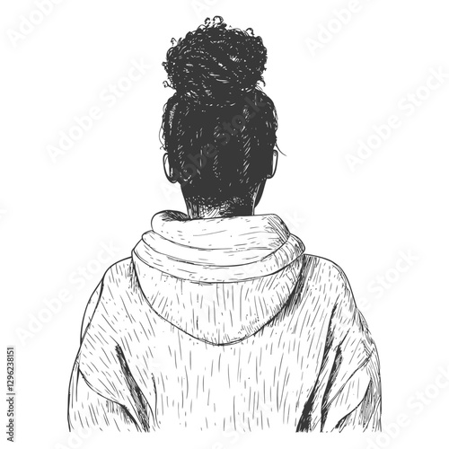 Hand Drawn Sketch Of A Woman In A Hoodie With Her Hair In A Bun