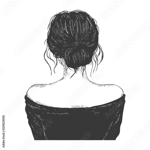 Hand Drawn Sketch Of A Woman With Dark Hair In A Bun Viewed From Behind