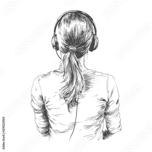 Hand Drawn Sketch Of A Woman Wearing Headphones With A Ponytail
