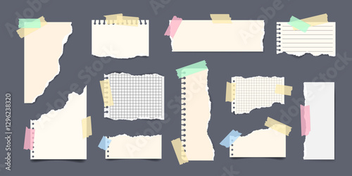 Collection of ripped paper sheets with sticky tape. Torn notebook page elements fixed adhesive tape. Perfect for scrapbooking, reminders, creative Design, collages