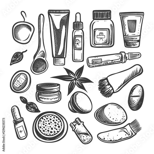 Hand Drawn Sketch Of Cosmetic Products And Tools