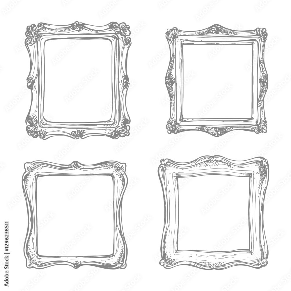 Hand Drawn Sketch Of Four Ornate Picture Frames