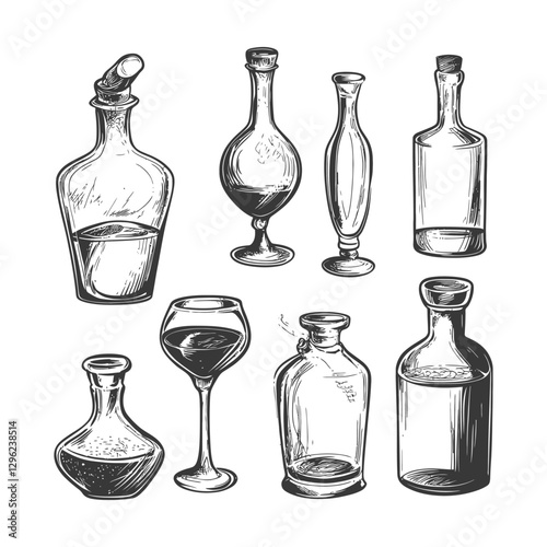 Hand Drawn Sketch Of Glass Bottles And A Wine Glass