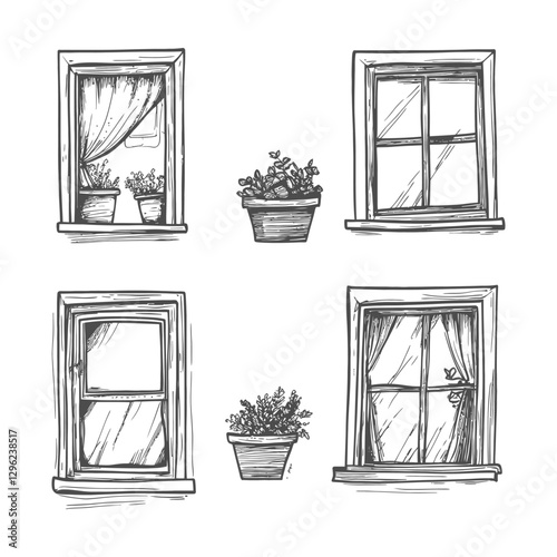 Hand Drawn Sketch Of Four Windows With Plants
