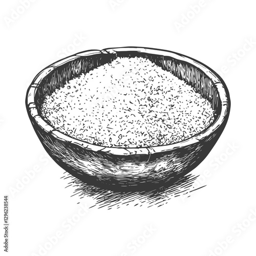 Hand Drawn Sketch Of Granulated Sugar In A Wooden Bowl