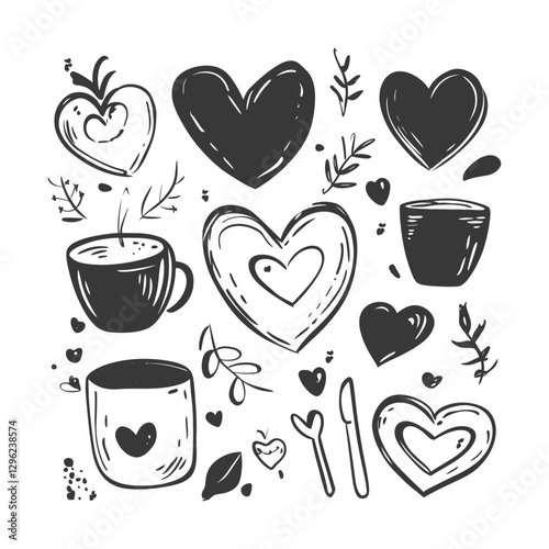 Hand Drawn Sketch Of Hearts Coffee Cups And Floral Elements