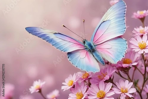 A stunning pastel butterfly on pink flowers.	