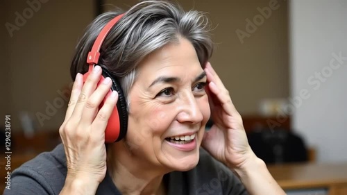 An elderly woman in red headphones listens to music and smiles.
