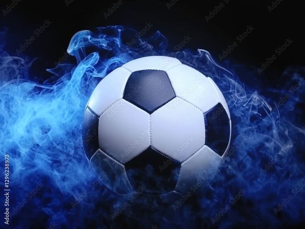 Naklejka premium Soccer Ball Surrounded by Blue Smoke on Dark Background