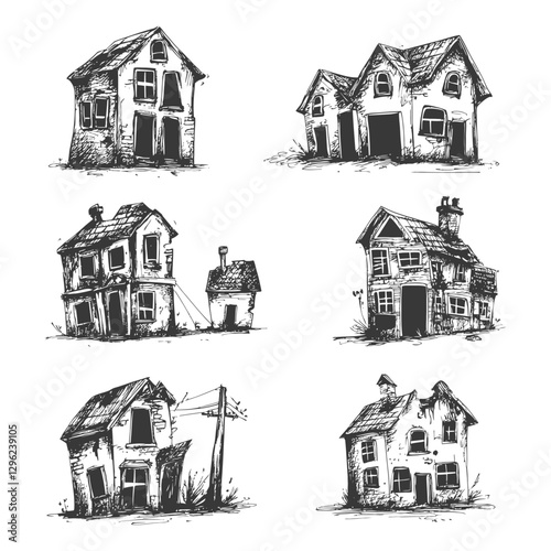 Hand Drawn Sketch Of Six Abandoned Houses