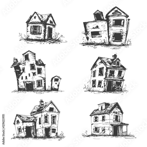 Hand Drawn Sketch Of Six Dilapidated Buildings
