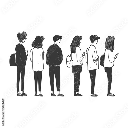 Hand Drawn Sketch Of Six People Standing In Line