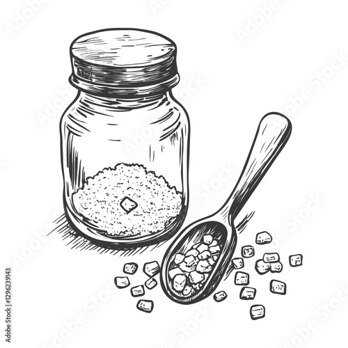 Hand Drawn Sketch Of Sugar In A Jar And A Spoon