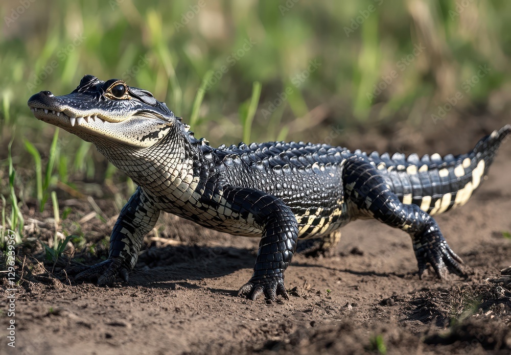 Young Alligator On The Ground Surrounded By Grass Under Bright Sunlight In Natural Habitat Of Wetlands And Swamps Young Alligator On The Ground Surrounded By Grass Under Bright Sunlight In Natural Habitat Of Wetlands And Swamps