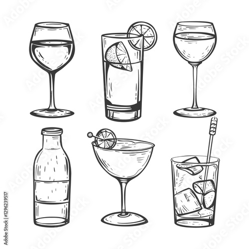 Hand Drawn Sketch Of Various Alcoholic Beverages And Cocktails