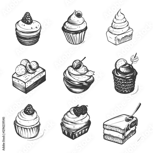 Hand Drawn Sketch Of Various Cakes And Cupcakes