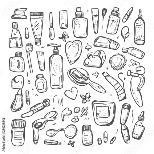 Hand Drawn Sketch Of Various Beauty And Skincare Products