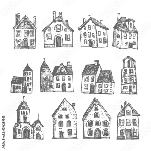 Hand Drawn Sketch Of Various Architectural Styles Of Houses