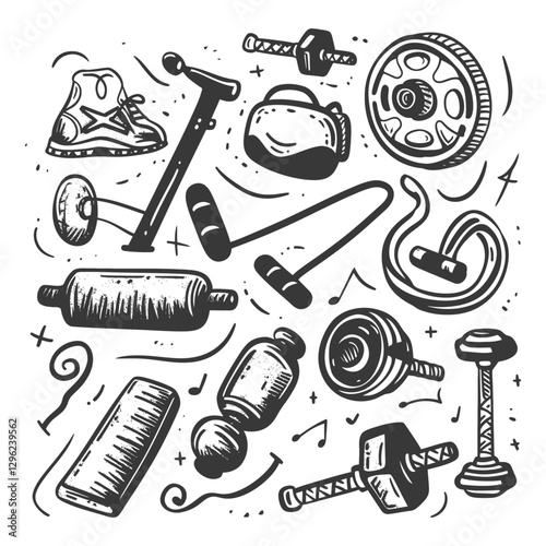 Hand Drawn Sketch Of Various Fitness Equipment And Accessories