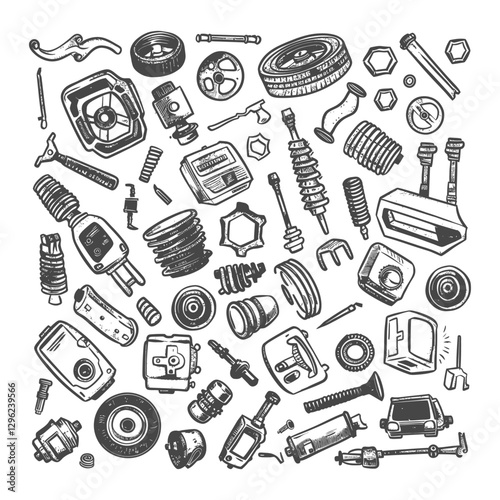 Hand Drawn Sketch Of Various Car Parts And Components