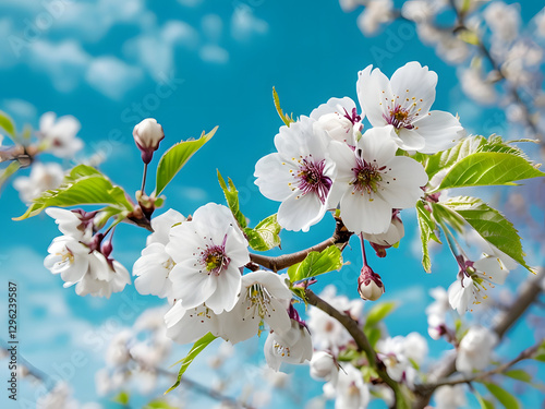 Blooming cherry tree, Close-Up Of White Cherry Blossoms Against Blue Sky