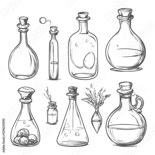 Hand Drawn Sketch Of Various Glass Bottles With Closures
