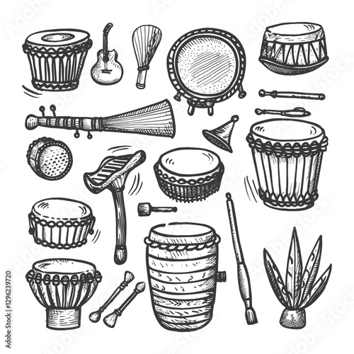 Hand Drawn Sketch Of Various Musical Percussion Instruments