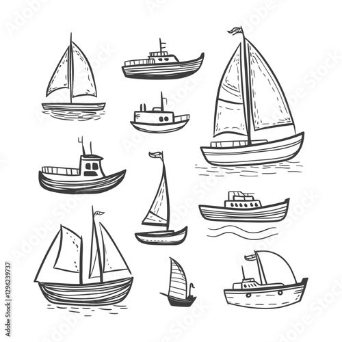 Hand Drawn Sketch Of Various Types Of Boats And Ships