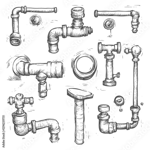 Hand Drawn Sketch Of Various Plumbing Pipes And Fittings