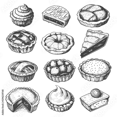 Hand Drawn Sketch Of Various Pastry And Pie Desserts