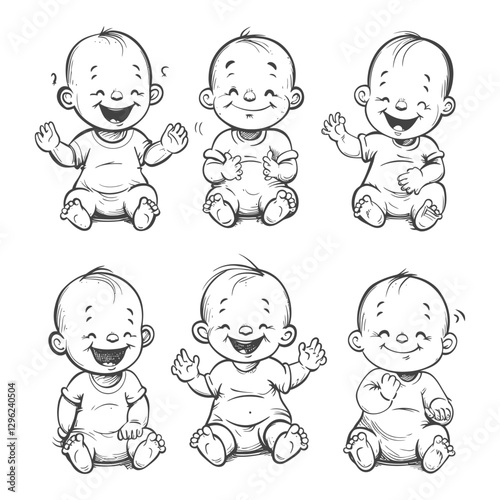 Six Happy Baby Illustrations In Different Poses