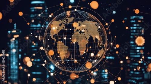 A digital world map with a network of glowing lines connecting cities.