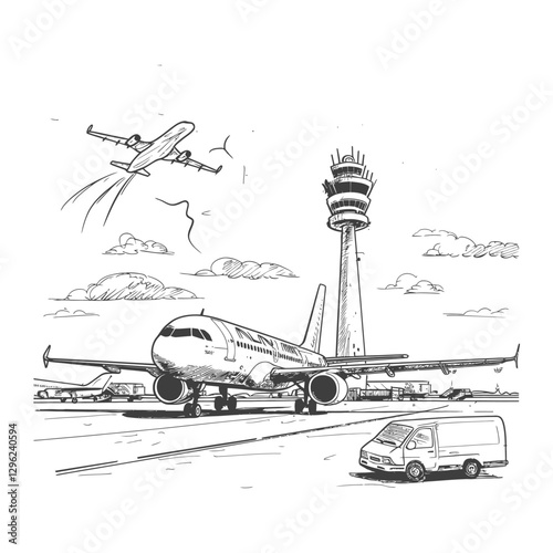 Sketch Of An Airplane Taxiing On The Runway At An Airport