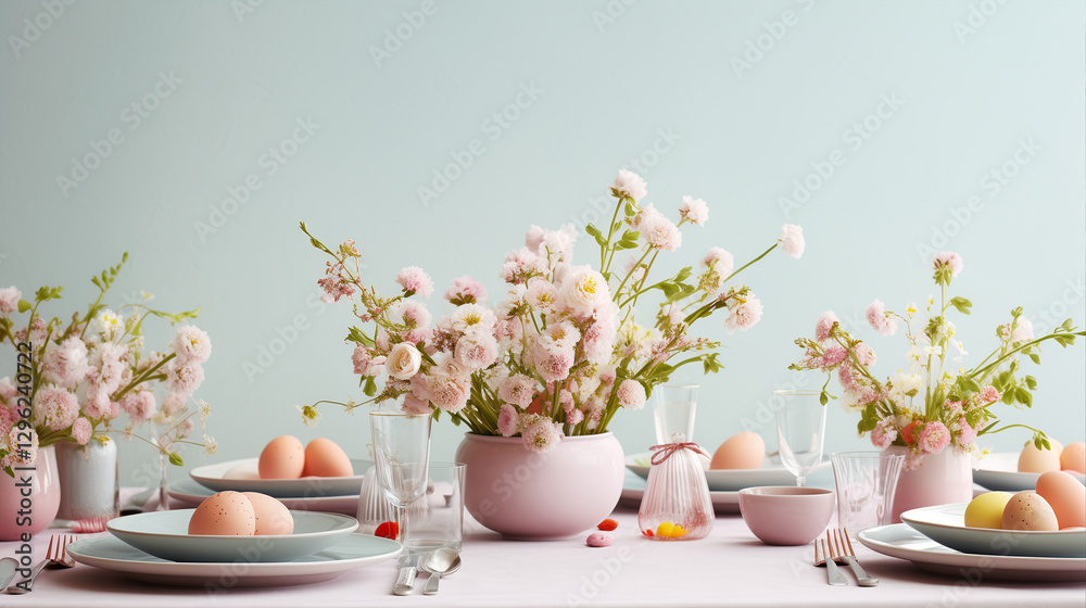 Festive Easter table setting in delicate pink shades,with eggs on a light green background and spring flowers.Spring flowers in a vase on the table.A spring-decorated table for the reception of guests Festive Easter table setting in delicate pink shades,with eggs on a light green background and spring flowers.Spring flowers in a vase on the table.A spring-decorated table for the reception of guests
