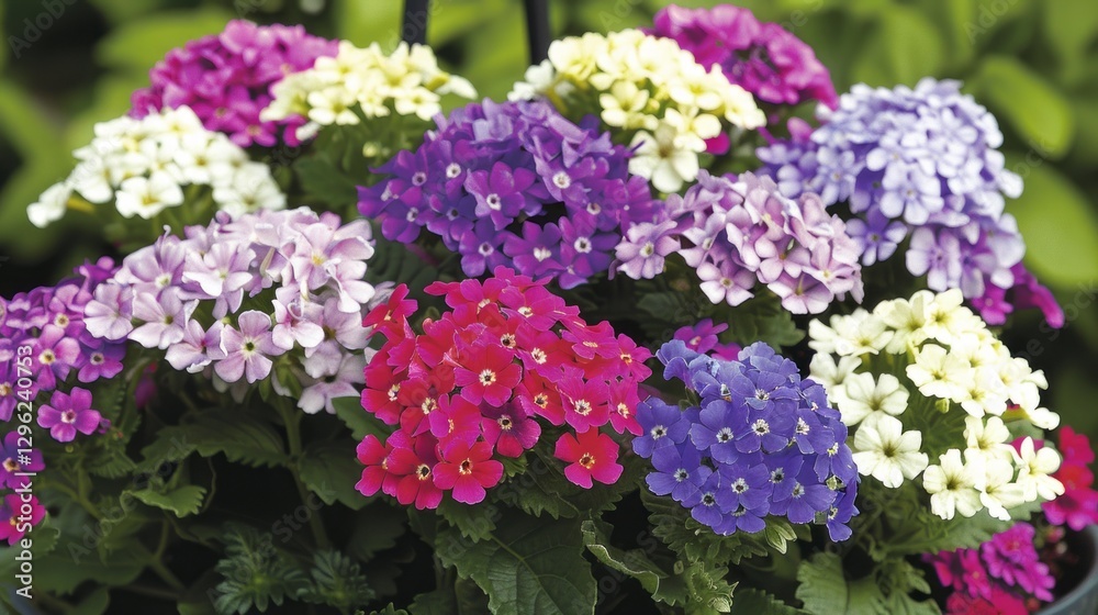 Vibrant verbena flowers creating a colorful display in garden Vibrant verbena flowers creating a colorful display in garden