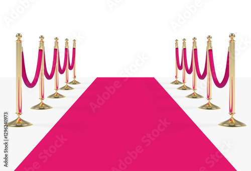 Pink carpet with red ropes on golden stanchions. Vector illustration isolated on white background
