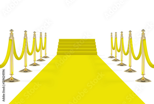 Yellow carpet with stairs, podium, ropes and golden stanchions. Vector illustration.