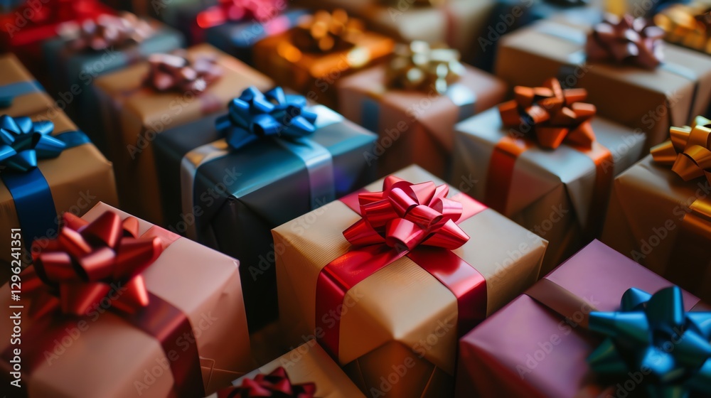 A close up of multiple gifts wrapped in various colors and patterns with bows on top. A close up of multiple gifts wrapped in various colors and patterns with bows on top.