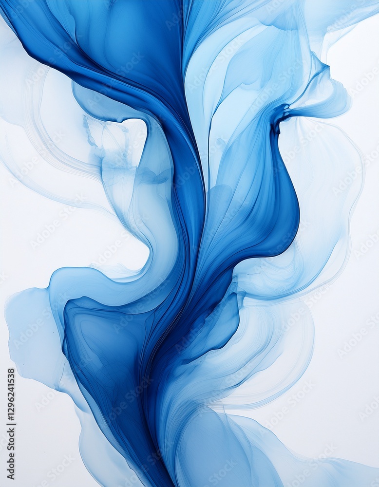 Fototapeta premium A detailed shot of blue ink flowing across soft white paper, creating abstract lines and patterns, with delicate streaks and vibrant fluid movement.
