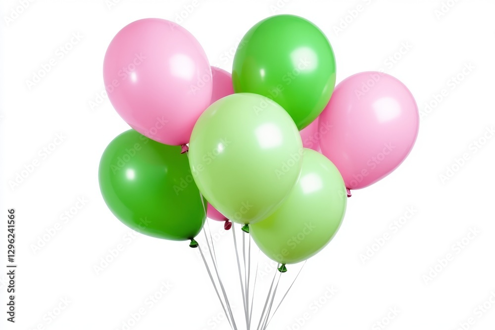 A bunch of pastel green and pink balloons isolated on a white background, viewed from the front A bunch of pastel green and pink balloons isolated on a white background, viewed from the front