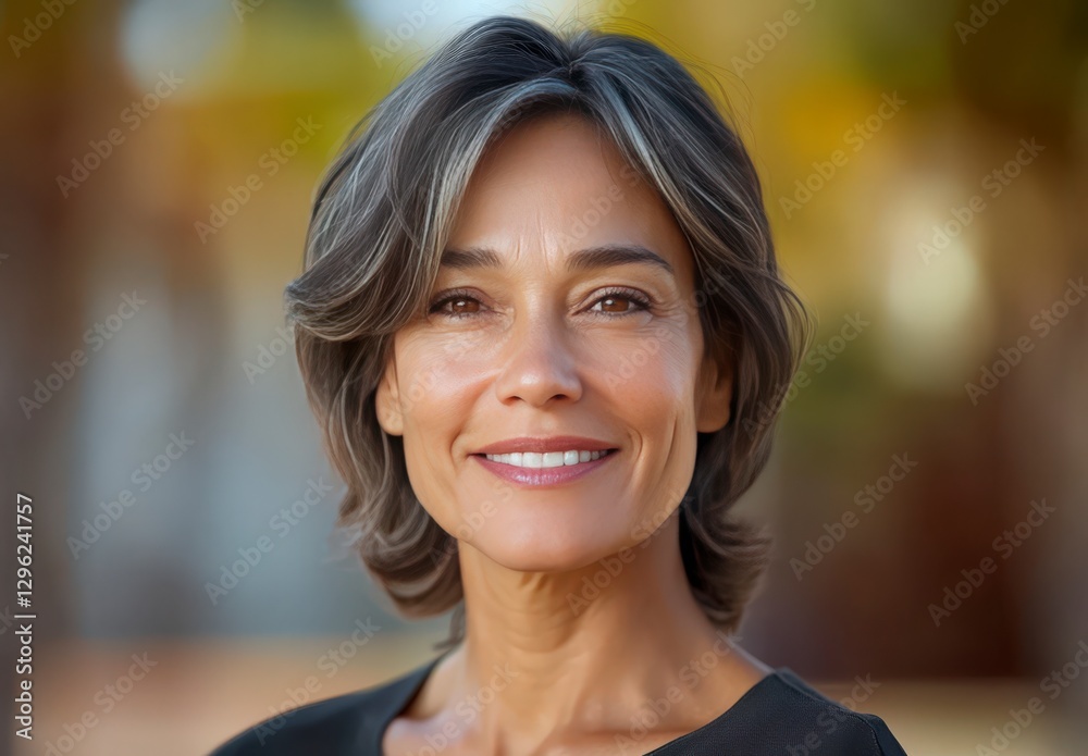 Confident woman with short gray hair smiling against a blurred background of nature and soft sunlight in a warm setting Confident woman with short gray hair smiling against a blurred background of nature and soft sunlight in a warm setting
