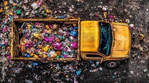 A yellow truck carrying a large amount of trash.