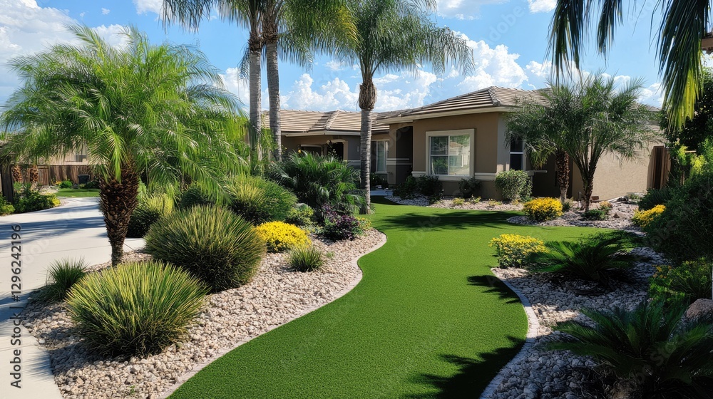 Fototapeta premium A beautiful front yard with an inviting atmosphere, featuring a combination of real and artificial grass.