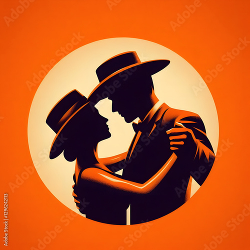 A cowboy couple in hats dances joyfully against a vibrant orange background.
