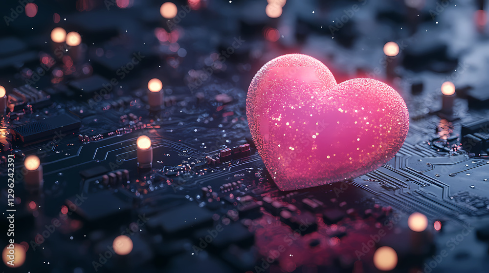 Obraz premium Pink Glowing Heart on Circuit Board