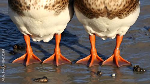 Bird's feet background. Prints of ducks' legs on a muddy shoal, shelducks (Tadorna tadorna)