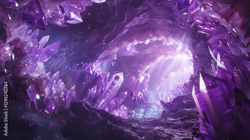 A cavern filled with large purple crystals with a bright light at the end of the tunnel.