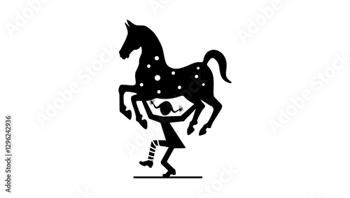 little cute girl holding horse , black isolated silhouette